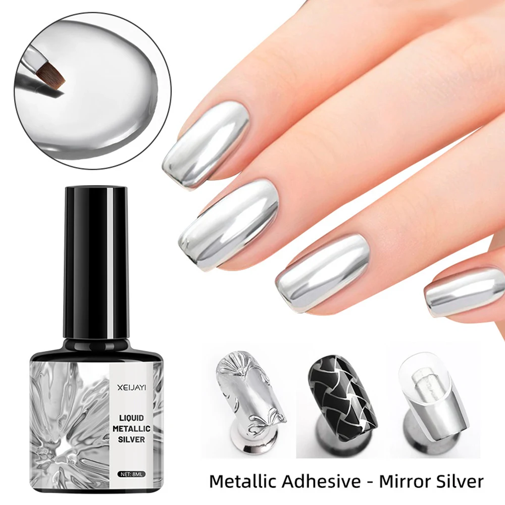 Bright Mirror Metallic Nail Gel Polish Metal Effect Line Flower Drawing Gel Soak Off Silver Painting Gel Polish UV Nail Art Gel