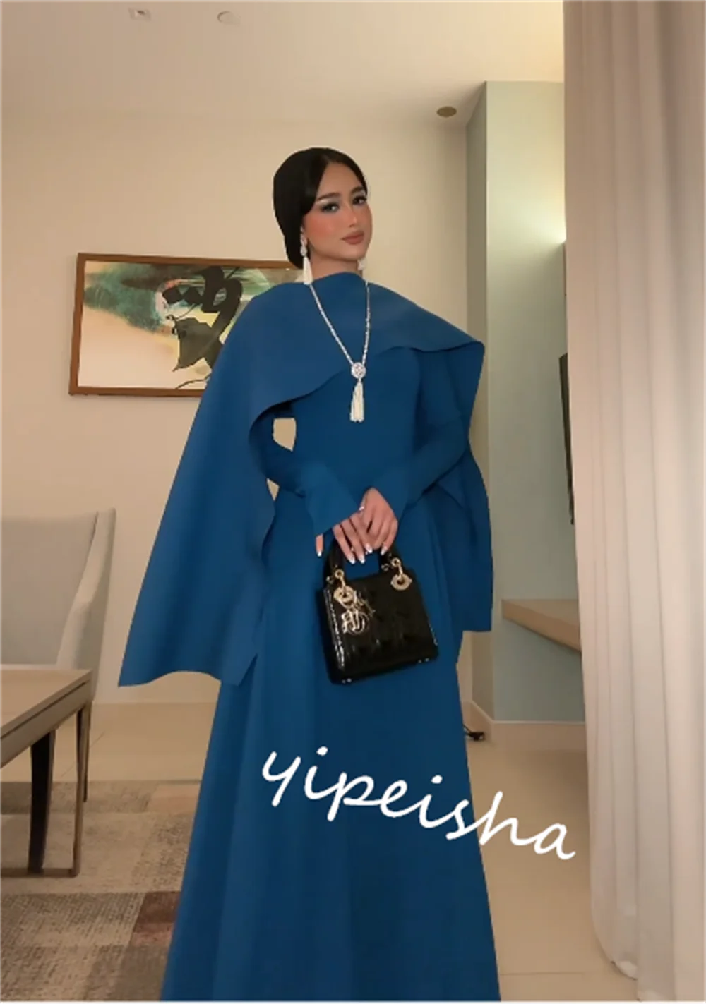 Jiayigong Jersey piega Prom a-line collo alto abito da occasione su misura abiti lunghi Arabia saudita