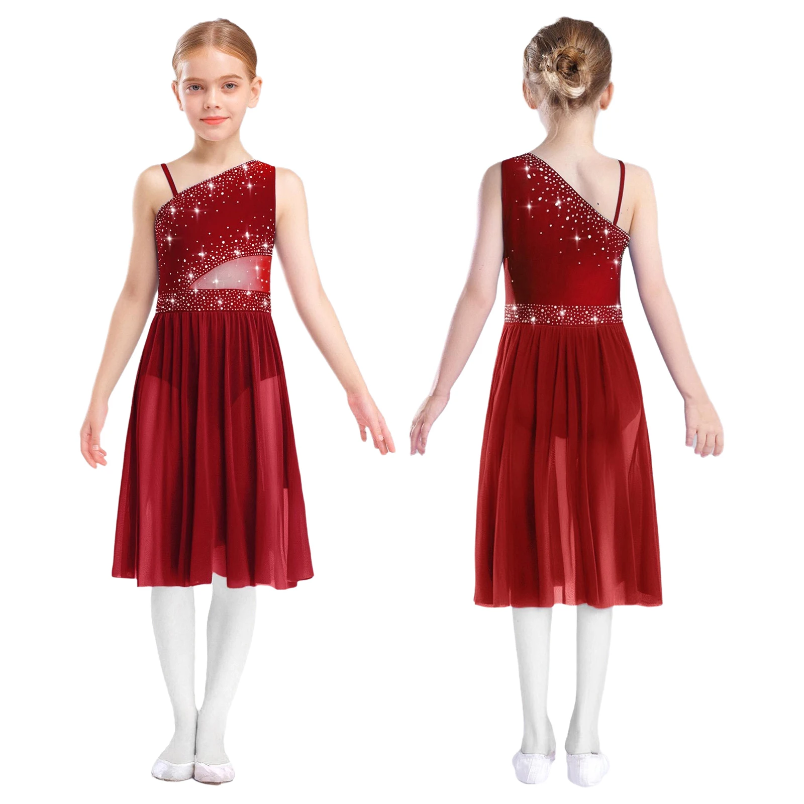 Vestito da ballo lirico per ragazze, monospalla, senza maniche, in rete trasparente, con strass, ginnastica, balletto, body, vestito da pattinaggio di figura