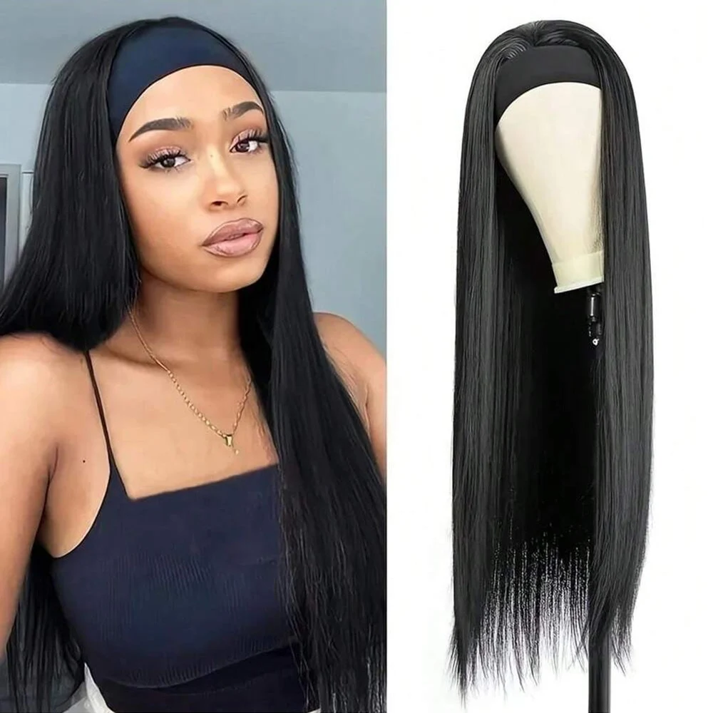 

Headband Synthetic Wigs for Women Long Straight Highlights Wig Silky Heat Resistant Wigs for Daily Party Use