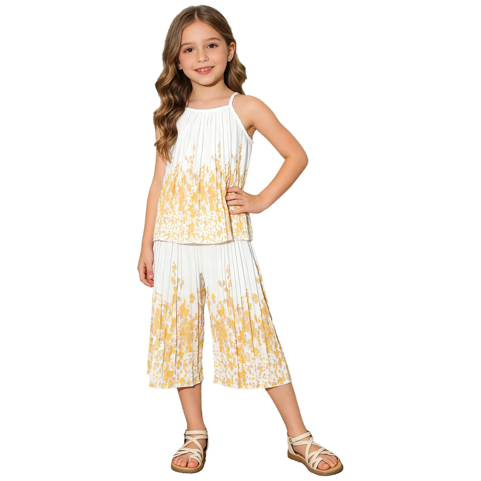 Girls Beach 2-piece Summer Floral Print Pleated Outfit 2-7Y Kids Clothes Sets Spaghetti Straps Camisole + Wide Leg Pants Suits