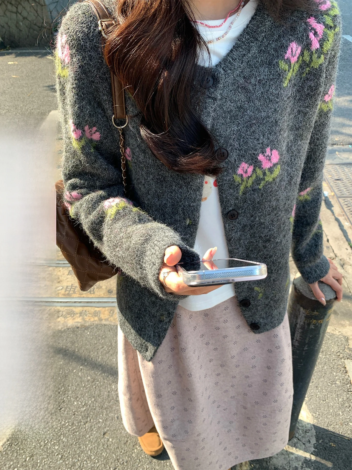 

Holli Korean Sle Floral Knitted Sweater Women's round Ne Single Button Cardigan Winter New Arrival Warm Casual Long Sve