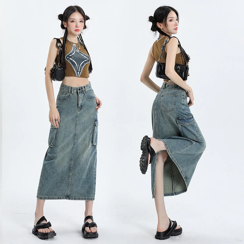 2024 Sexy High-Waisted Vintage Style Denim Skirt with Thigh-High Slit