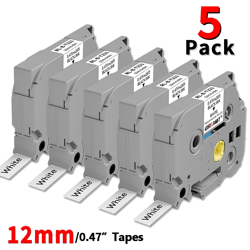 5 Pack TZe231 Laminated Label Tape 12mmx8m Black on White Waterproof Strong Adhesive Refill Cartridge Compatible with Brother P-Touch TZ231 TZ-231 for PT-D210 PT-D220 PT-H110 Label Maker Home Office Storage Marking