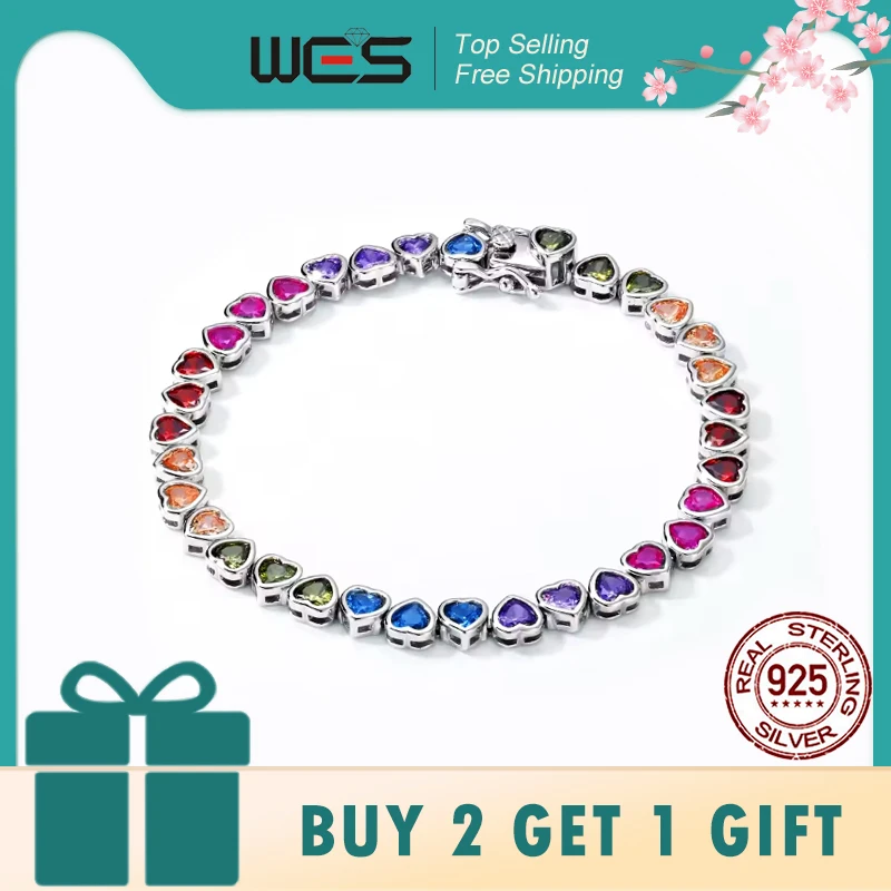 

Браслет WES из стерлингового серебра 925 пробы для женщин, милое сердце, подарок на день Святого Валентина для подруги, Радуга, CZ, циркониевые ювелирные изделия, оптовая продажа