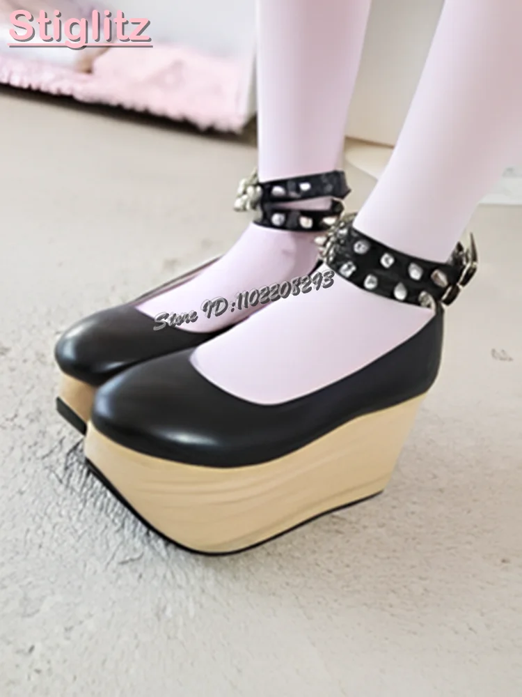 Wood Grain Rivet Buckle Strap Pumps Cute Round Toe Shallow Platform High Heels 2026 Japanese Lolita Rocking Horse Women Shoes