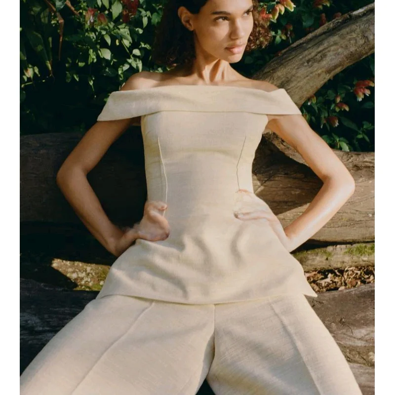 Lente nieuwe veelzijdige rechte kraag zijsplit oulder ontbloot top hoge taille wijde pijpen broek faionable damesset