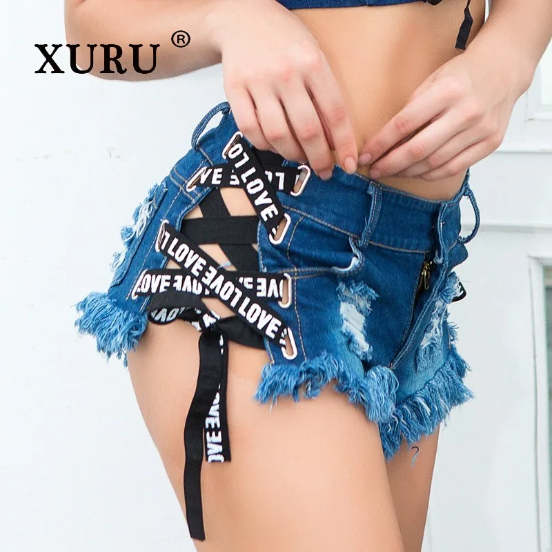 

XURU - New Women's Sexy Piercing Jeans, Y2k Clothes High Waist Summer Blue Denim Shorts Hot Pants