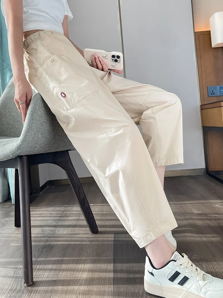 La Chapelle Ice Silk Qui Dry Sports Pants Feminino Primavera Verão Fino Cintura Alta Leve Nove Pontos Pai Harlan Cenoura P...