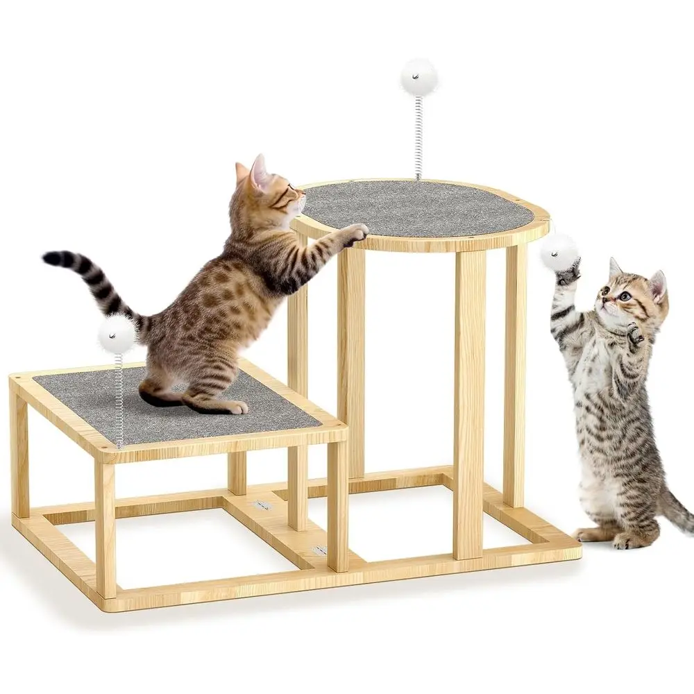 

Двухуровневая деревянная лежанка-когтеточка для кошек с игрушками и подвесным мячиком для домашних котят
