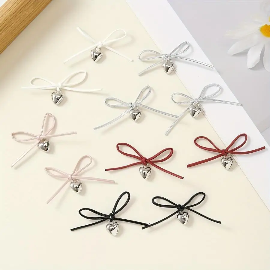 1/5/10/20/50/100pcs Set of Faux Leather Ribbons with Silvery Heart Pendants, Hair Additions, Hairpin Components, Handmade Decora