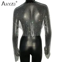 Autumn Women Sexy See Through Fishnet T Shirt Glitter Rhinestone Hollow Mesh Long Sleeve Crop Tops Nightclub Party Festival Top - Image 6