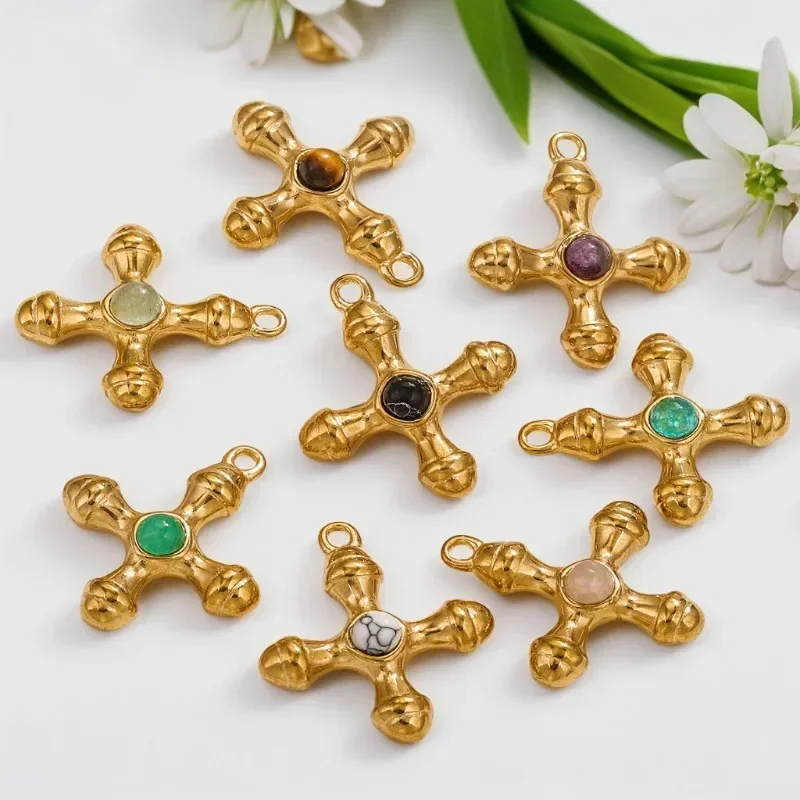 New 2pieces/bag Titanium Steel Cross Inlay Natural Stone Entry Lux Charms Pendants for Earring Necklace Jewelry Accessories