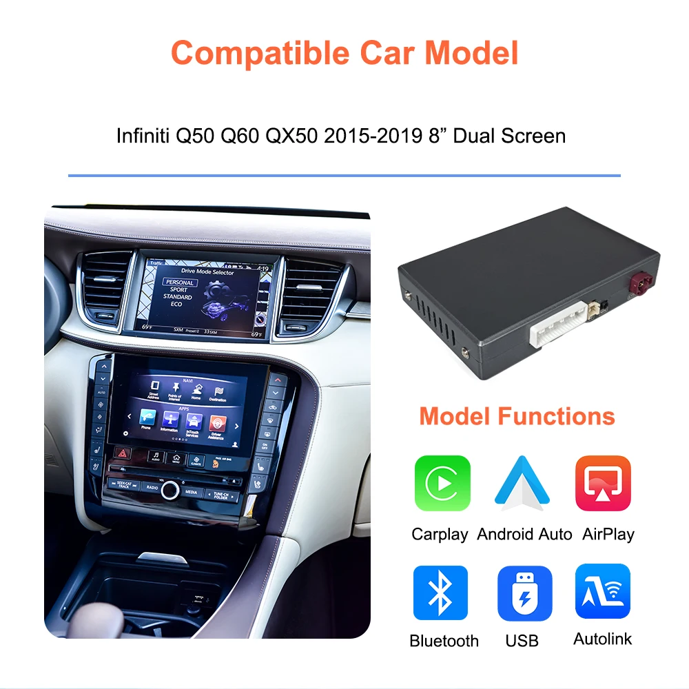Bonroad Wireless Carplay Android Auto Retrofit Adapter for Infiniti Q50 Q50L Q60 QX50 2015-2019, Dual Screen Interface Support Mirror Link, Keep Original Car System