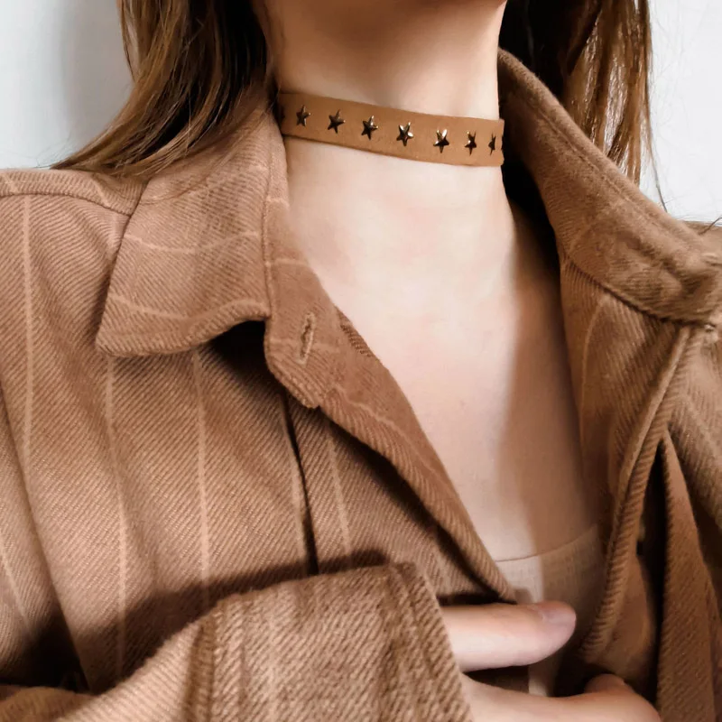 Collar de banda Sexy para mujer, gargantillas de estrellas de cuero hechas por el hombre, color marrón y negro, accesorios de joyería para mujer, regalo para niña
