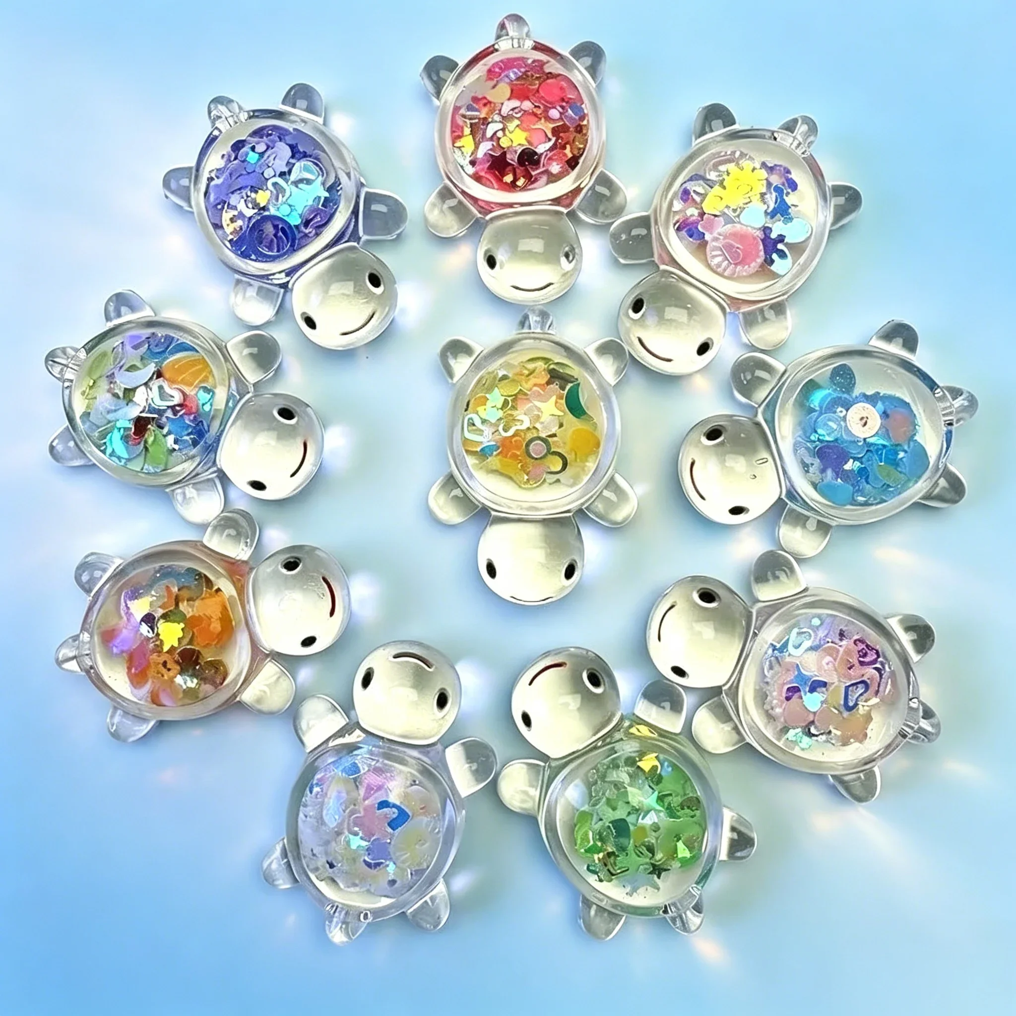 10Pcs Glow In Dark Transparent Sequin Resin Turtle Figurines Colorful Mini Desktop Ornaments Trendy Home Decor