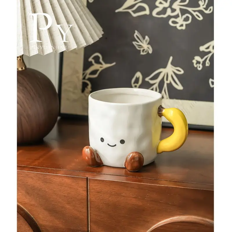 Cute Fun Cartoon Smile Ceramic Mug Cup with Banana Handle Coffee Milk Juice Cup Drink Water Ceramic Cup