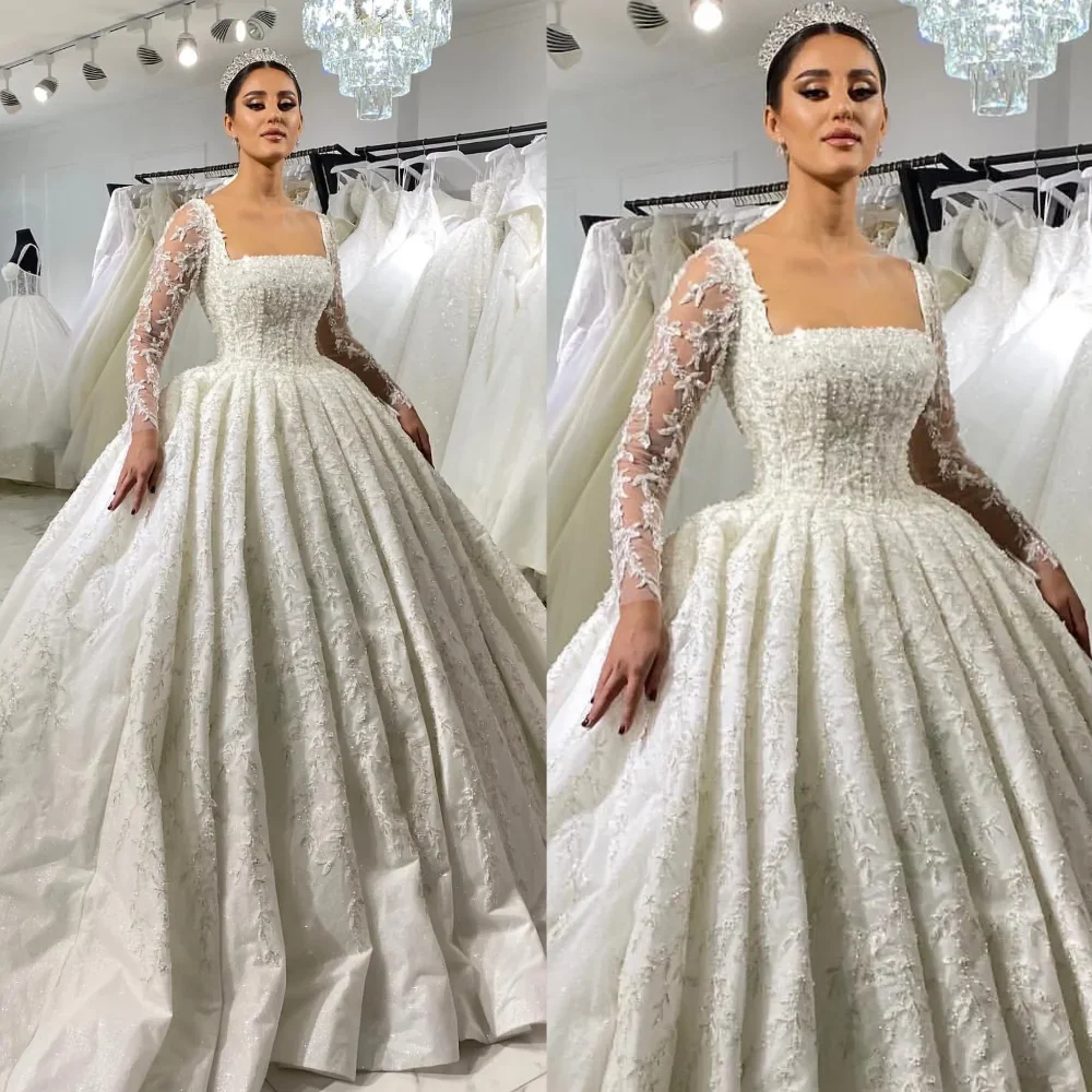 

Customized Saudi Arabic lace ball gown Wedding Dress for bride long sleeves fulllace wedding dresses Dubai sweep train ruffle