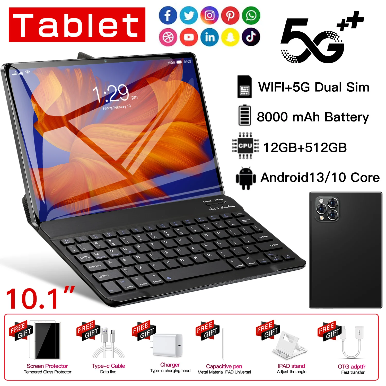 

Global Model Pad 15 Pro Tablet HD Screen 16GB RAM 1TB ROM Android 13 20000mAh 24MP+48MP 11 inch 5G GPS Bluetooth 5.0 WiFi Tablet