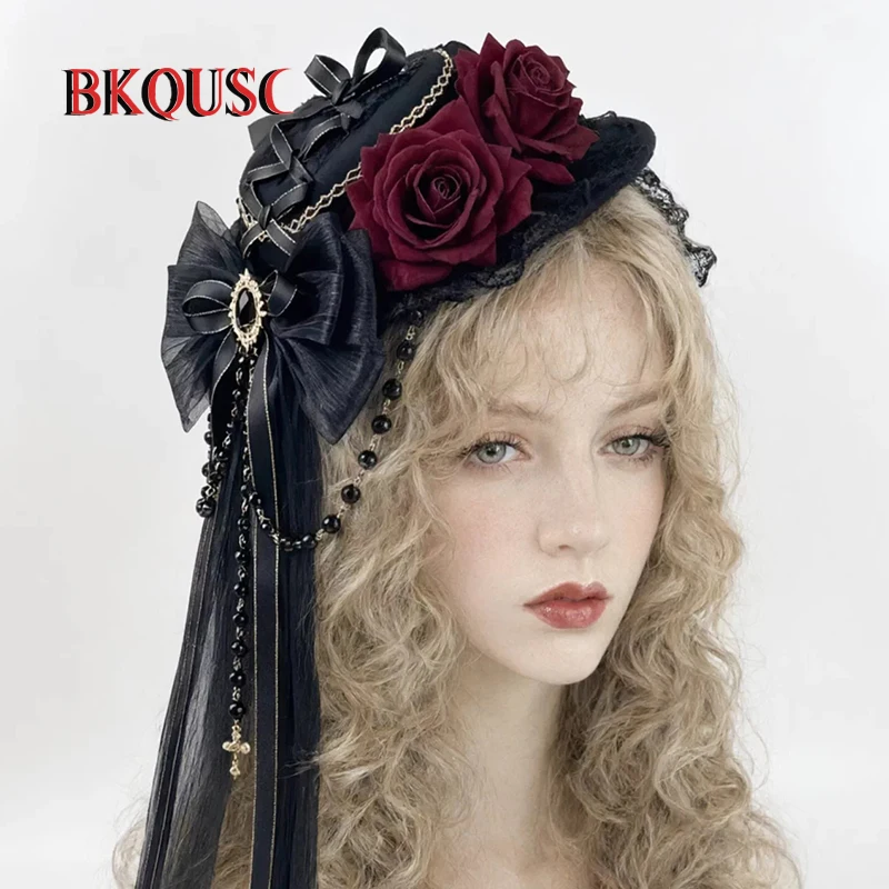 BKQUSC New Vampire Countess Cosplay Small Lace Cap Dark Gothic Style Lolita Hat Accessory Halloween Cos Hat for Ladies