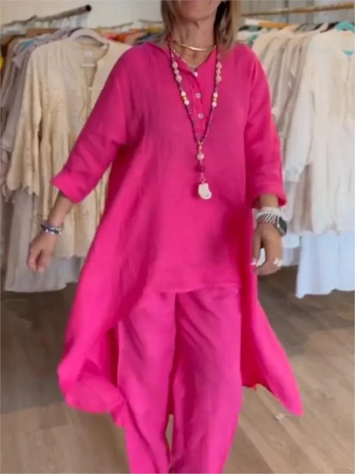 

Spring Autumn Solid Color O Neck Seven-point Sleeve Long Women Suit Retro Casual Loose Seven-point Pants Cotton Linen 2piece Set