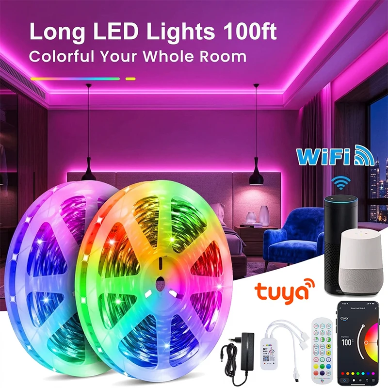 Fita de LED RGB WiFi Bluetooth 30M 12V 5050 com Adaptador AC100-240V, Controle por APP, Sincronização com Música e Controle Remoto para Quarto, Cozinha e Festa