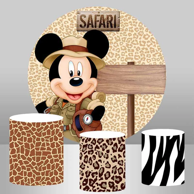 Safari Mickey Round Backdrop Cover for Boys Wild One Jungle Birthday Party Circle Background Leopard Zebra Print Kids Cartoon