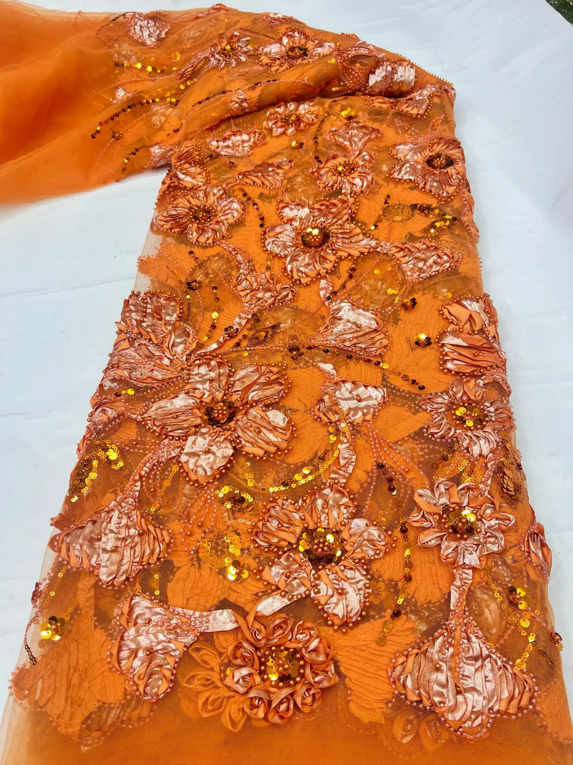 Top Grade Handcut African Nigerian Sequins Tulle Lace Fabric Sewing Net Cloth Prom Dresses Beads Embroidery High Quality HD107