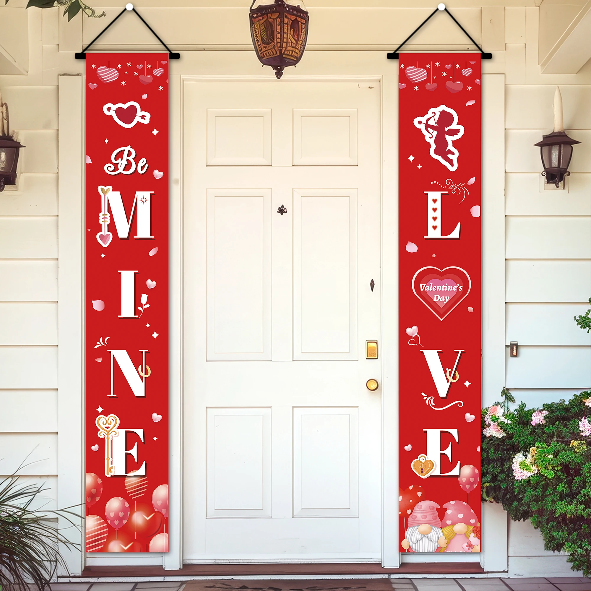 Vanlentine Day Porch Banner, 2 Pcs Happy Valentines Day Door Banner, Valentine's Day Porch Sign Banners & Valentine's Day Couple