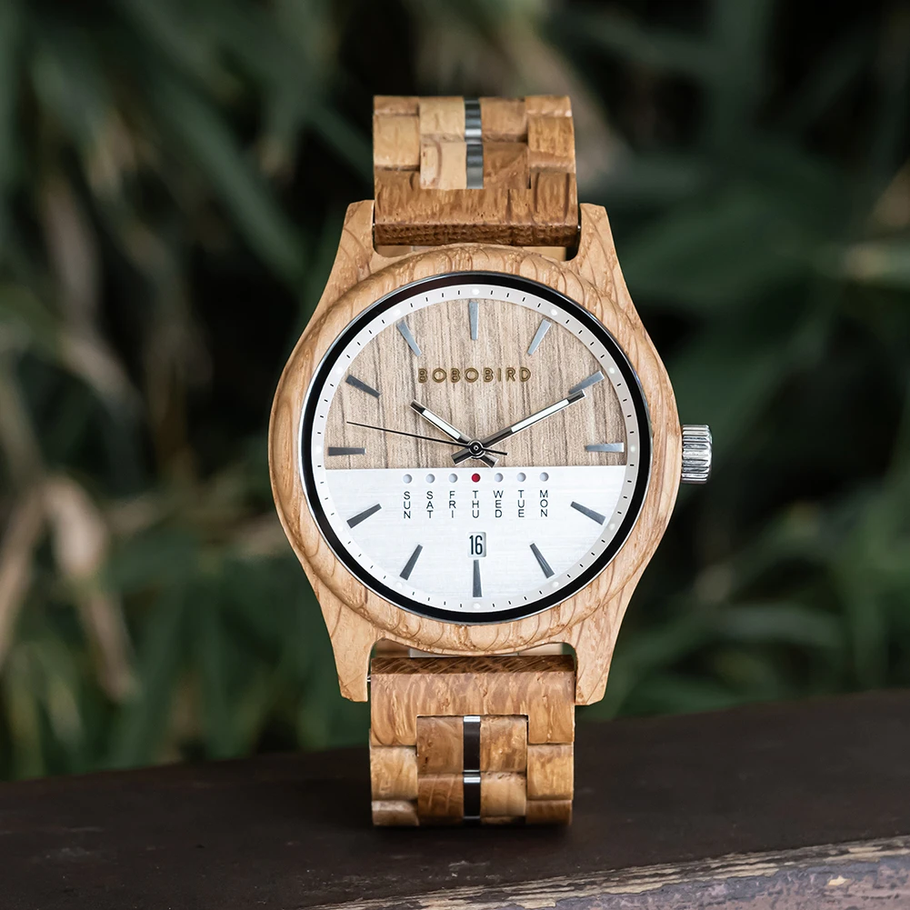 BOBO BIRD Mens Wooden Watches White Oak Wood Watch Luminous Hands Week and Date Display Men Wristwatch Anniversary Gift for Men