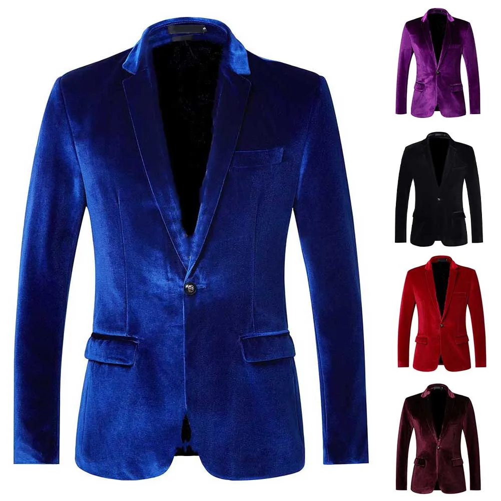 

Men Velvet Wedding Coat Blazer Casual Slim Fit Suit Jacket Solid Stage Business Office Costume Long Sleeves