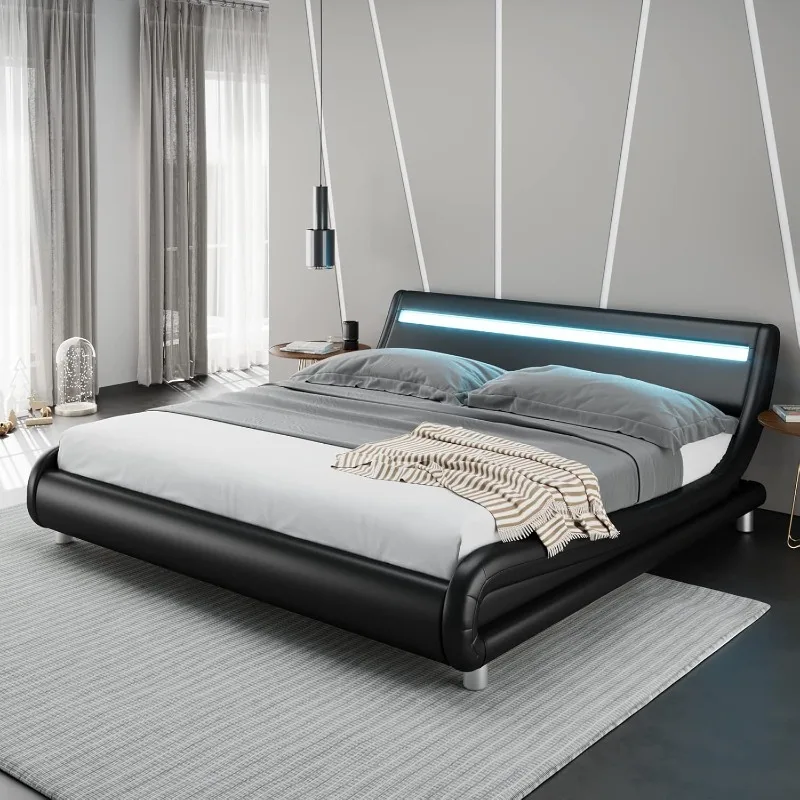 Upholstered Full LED Bed Frame with Headboard, Modern Low Profile Platform Bed with Strong Slats Support, Faux Leather Wave-Like