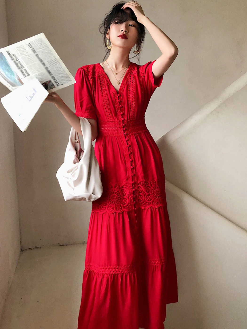 Red Button V-Neck Short Sleeve Summer Dress Women Chic Patchwork Lace Cotton Elegant Long Maxi Dresses Boho Beach Vestidos