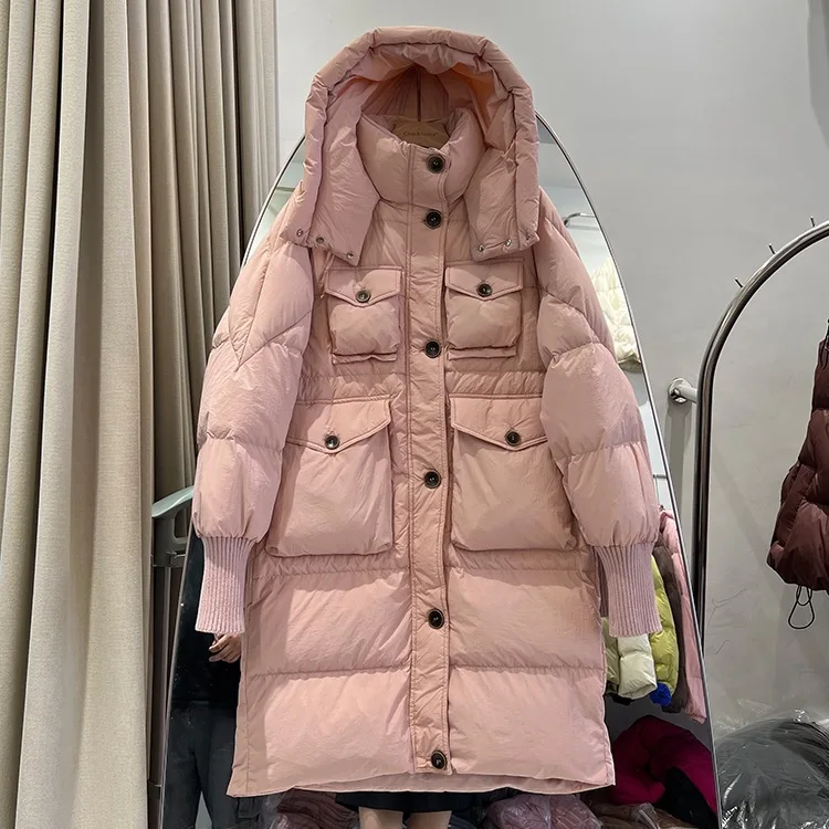 2025 inverno nova jaqueta feminina com capuz à prova de vento commuter manga de malha para baixo jaqueta