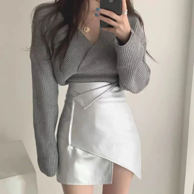 

Metallic Silver Irregular PU Leather Short Skirt