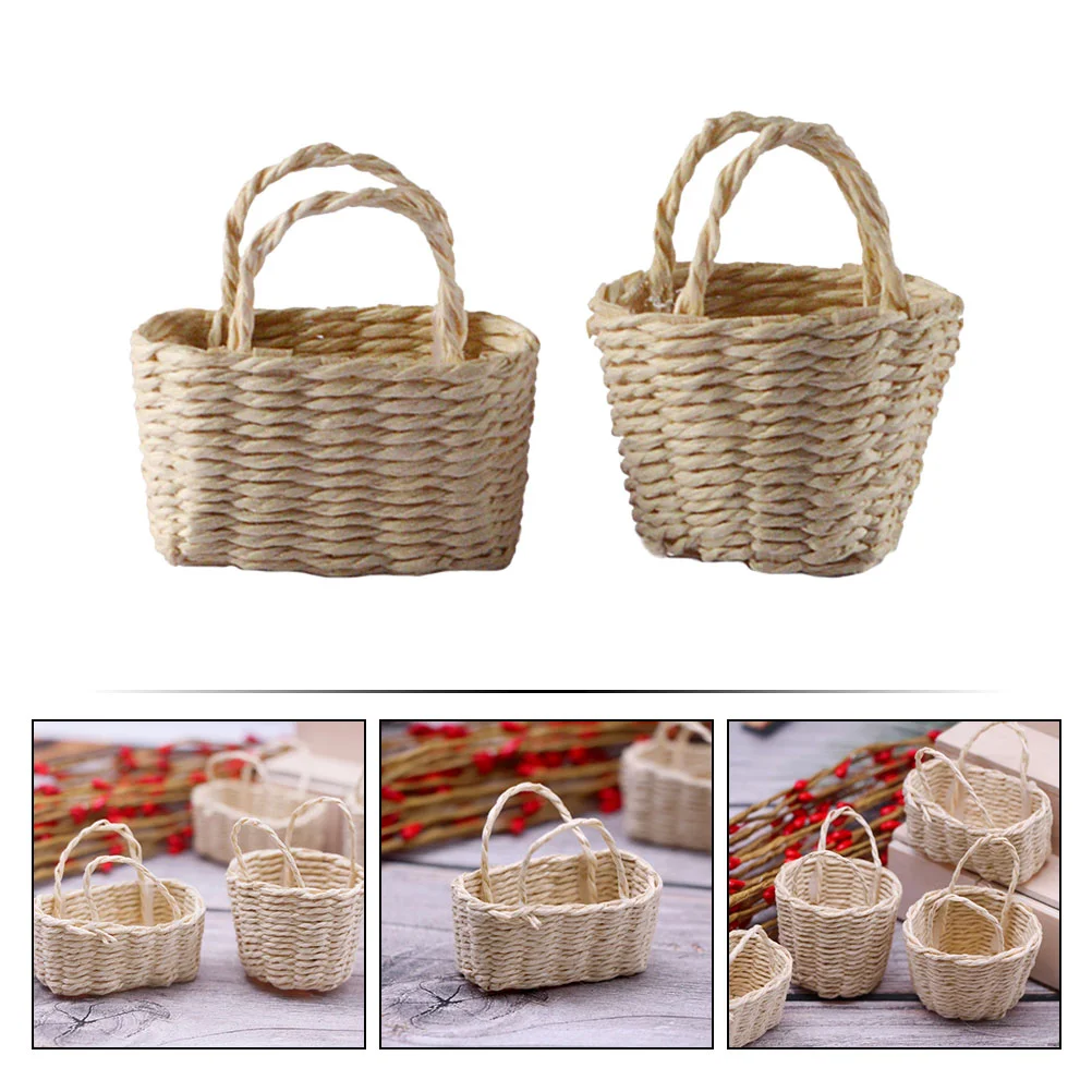 2 Pcs House Flower Basket Micro Landscaping Decoration Miniature Baskets Storage Handheld Ornament Craft Bamboo Decors