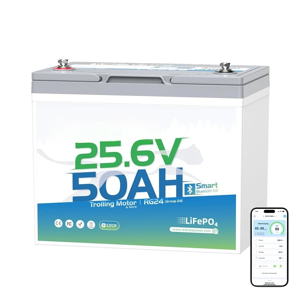 24V 50Ah Group24 Trolling Motor LiFePO4 Battery | Bluetooth, Smart 50A BMS, IP65 Waterproof, Low-Temp Protection,, Customized