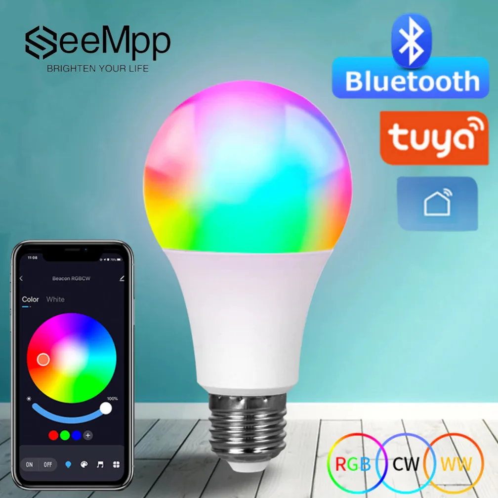 E27 LED Bulb Wireless Bluetooth Smart Tuya APP Control Dimmable 15W RGB+CW+WW LED Color Change Lamp Bulb Compatible IOS/Android