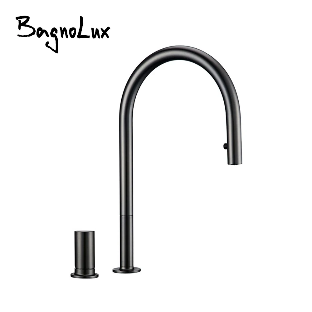 Pull Down Kitchen Sink Faucet Brushed Gunmetal Black Single Handle Double Hole Hot And Cold Sprayer Brass Countertop Mounted