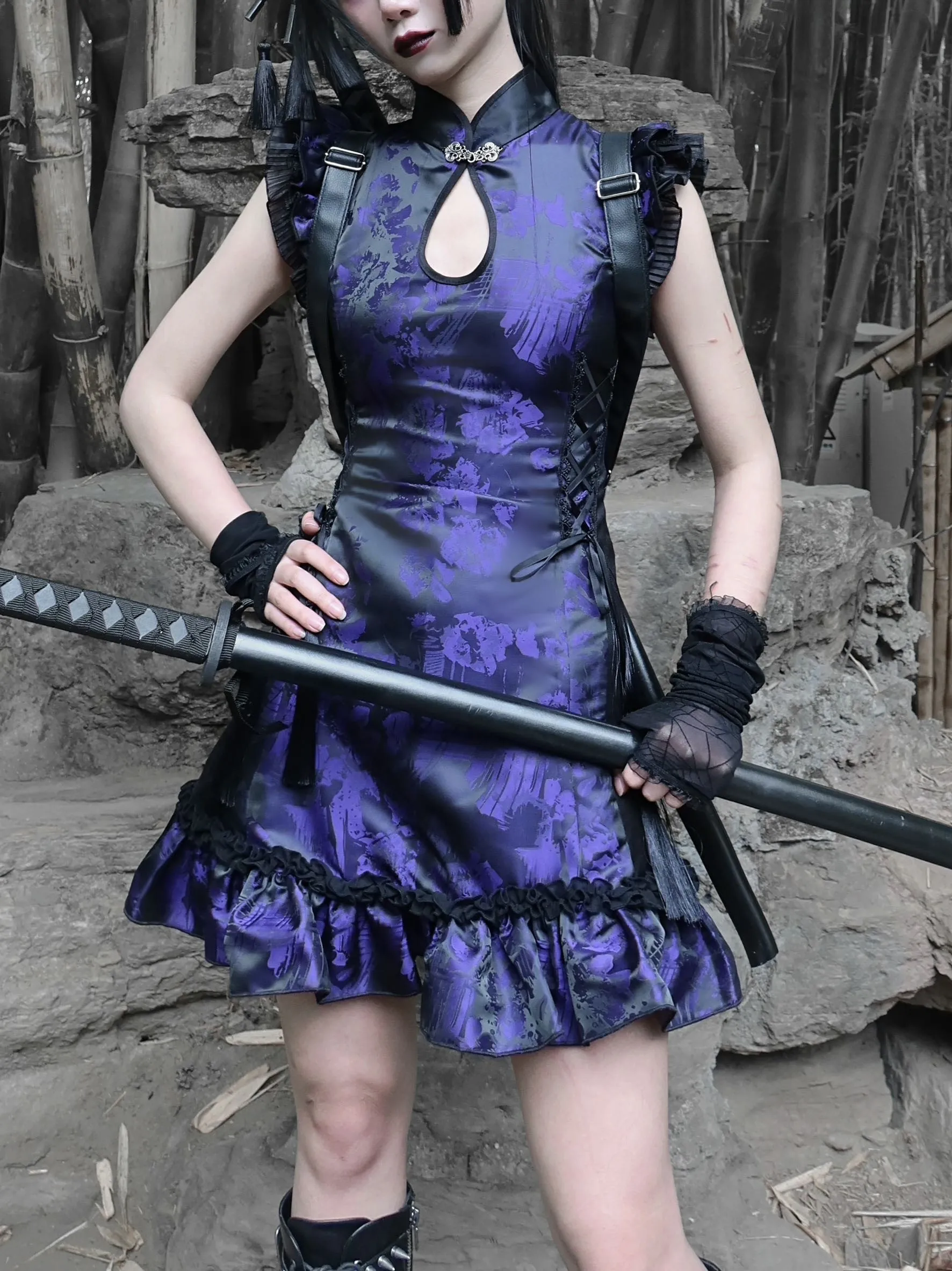 

Original Gothic Chinese Style New Chinese Style Fringed Buckle Jacquard Improved Cheongsam Black Purple Slim Slim Dress Women