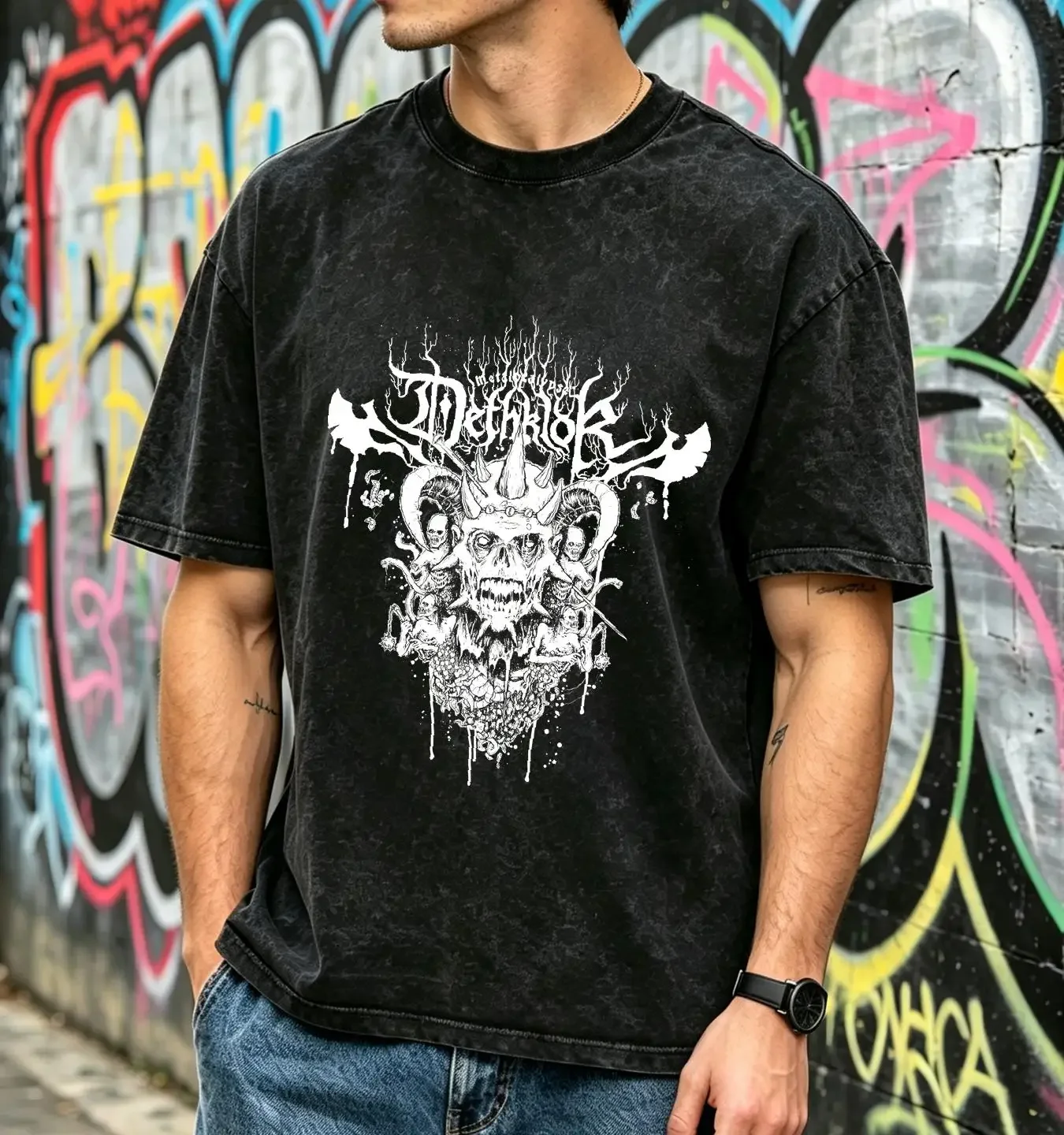 washed T Shirt Vtg Dethklok Music Band Heavy Cotton Black Full Size KK812 long sleeves vintage Washed Slightly