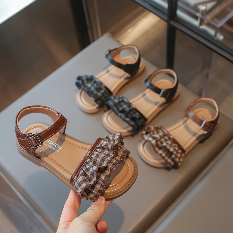 Retro Children Summer Sandals Princess Plaid Ruffle Girl School Causal Shoes Open-toe Breathable Kids Flat Sandals Outdoor Beach