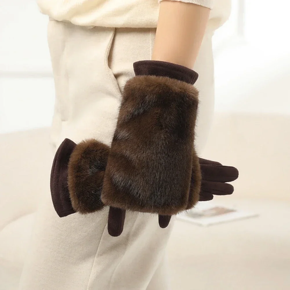 Plus Velvet Thickened Windproof and Warm Riding Cold-proof Touch Screen Suede Gloves Women Autumn and Winter Rabbit Fur Gloves
