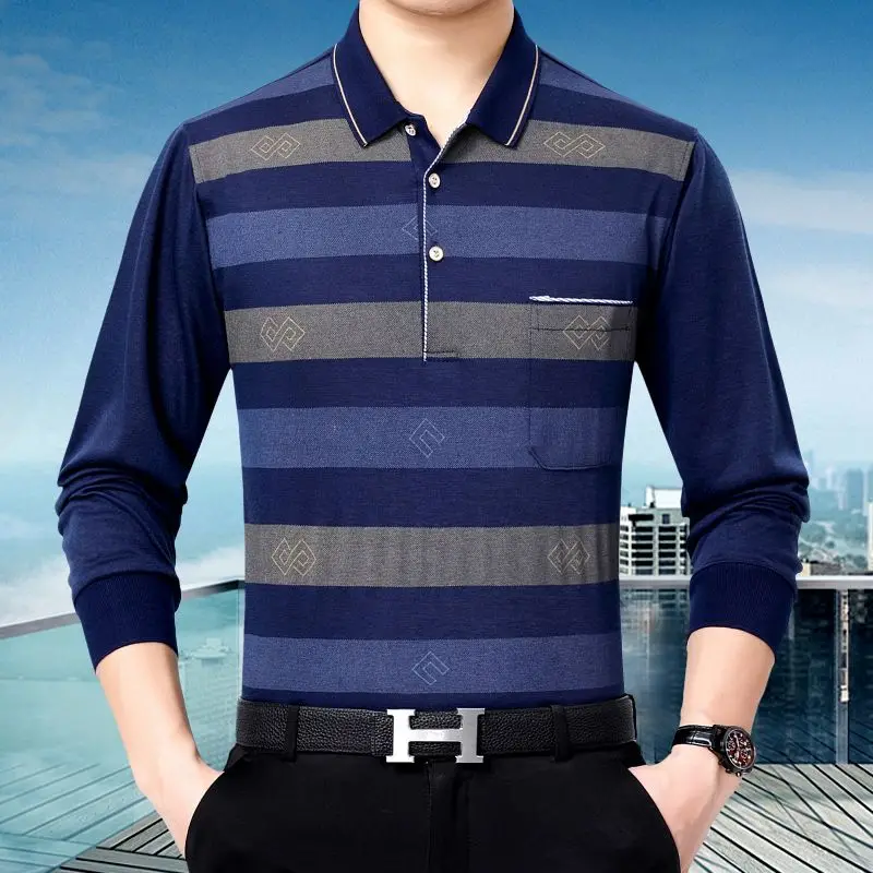 Middle-aged Men's Clothing Spring Long Sleeve New Lapel Thin Striped Printed Spliced Pockets Loose Causal Fashion Polo Shirt