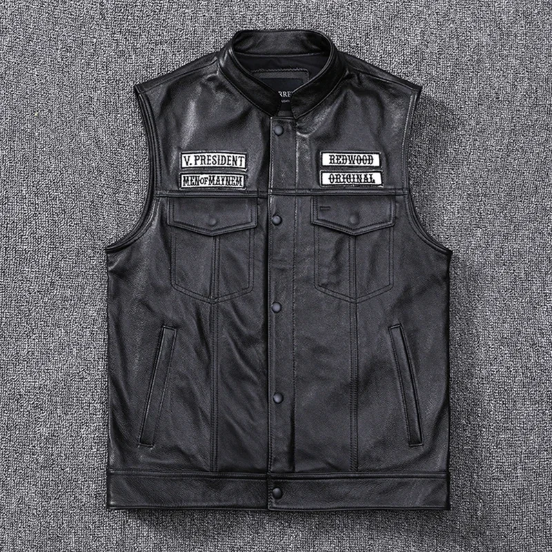 Fashion 100% Cowskin Sons Of Anarchy Leather Rock Punk Vest Cosplay Costume Black Color Motorcycle Biker Sleeveless Jacket