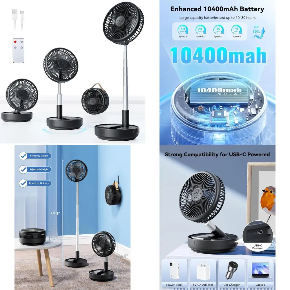 

Портативный осциллирующий вентилятор 8-в-1, 10400 мАч, перезаряжаемый, с питанием от USB, 4 скорости, с пультом ДУ, для дома, офиса, улицы