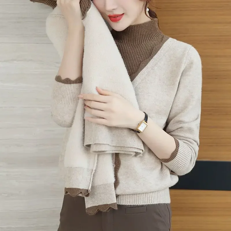 High End Spring Autumn New Half High Collar Fake Two-piece Knitted Wool Sweater for Women's Elegant Casual Loose Bottomed Top