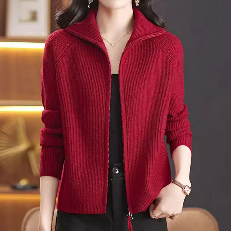 Spring and Autumn 2025 New Lapel Short Double Zipper Knitted Cardigan Women's Loose Western Sweater Jacket