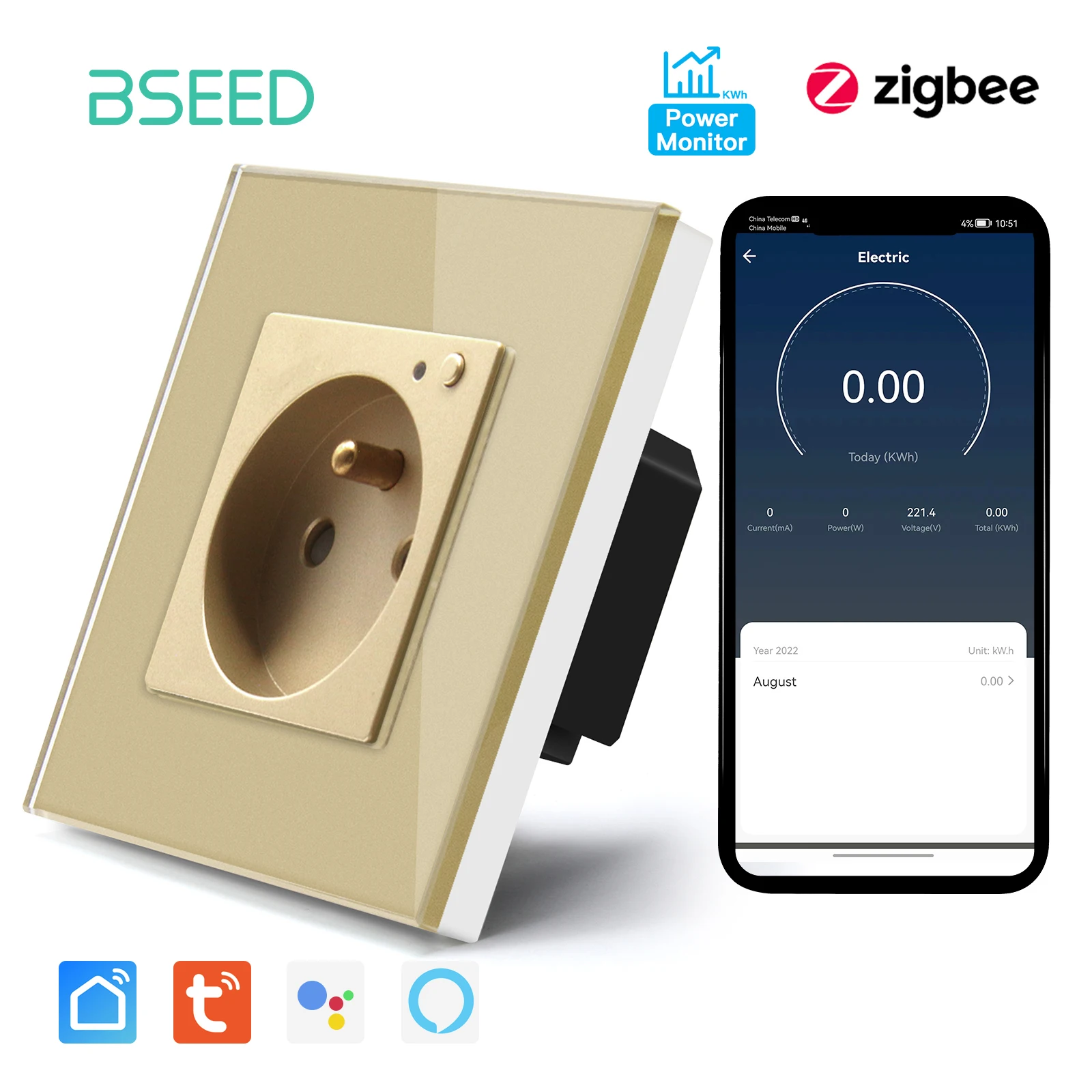 BSEED ZigBee Französisch Buchse Wand Einzigen Buchse Kristall Glas Panel Unterstützung Google Tuya Smart Leben App Power Monitor Smart Buchse