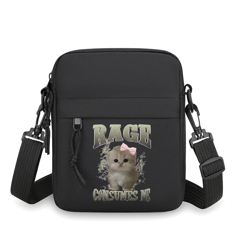 Rage Consumes Me Fun Cat Print Vintage Men's Crossbody Bag Fashion Bolso Cuadrado Americano Retro Square Bag for Men Daily Use